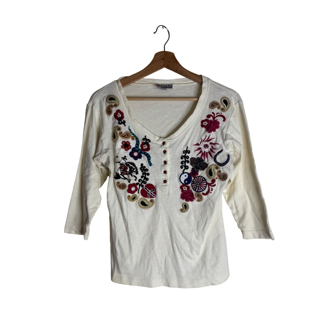 Pink Cattlelac Women's Embroidered Henley Top Cream Medium hippie y2k